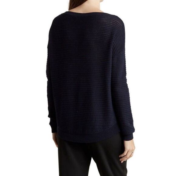 Theory Sweater Womens P XS Navy Blue Ribbed Oversized Cotton Open Knit Crewneck - Picture 2 of 10